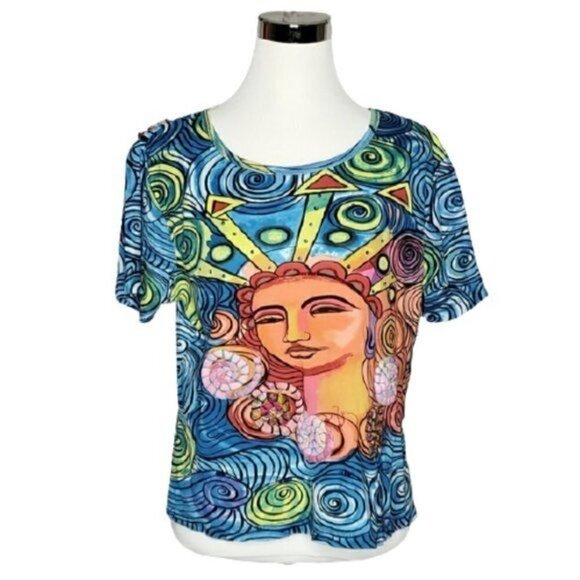 LIFE Style Blue Pullover Crew Neck Short Sleeve Wearable Art T-Shirt Size Small - Picture 2 of 10